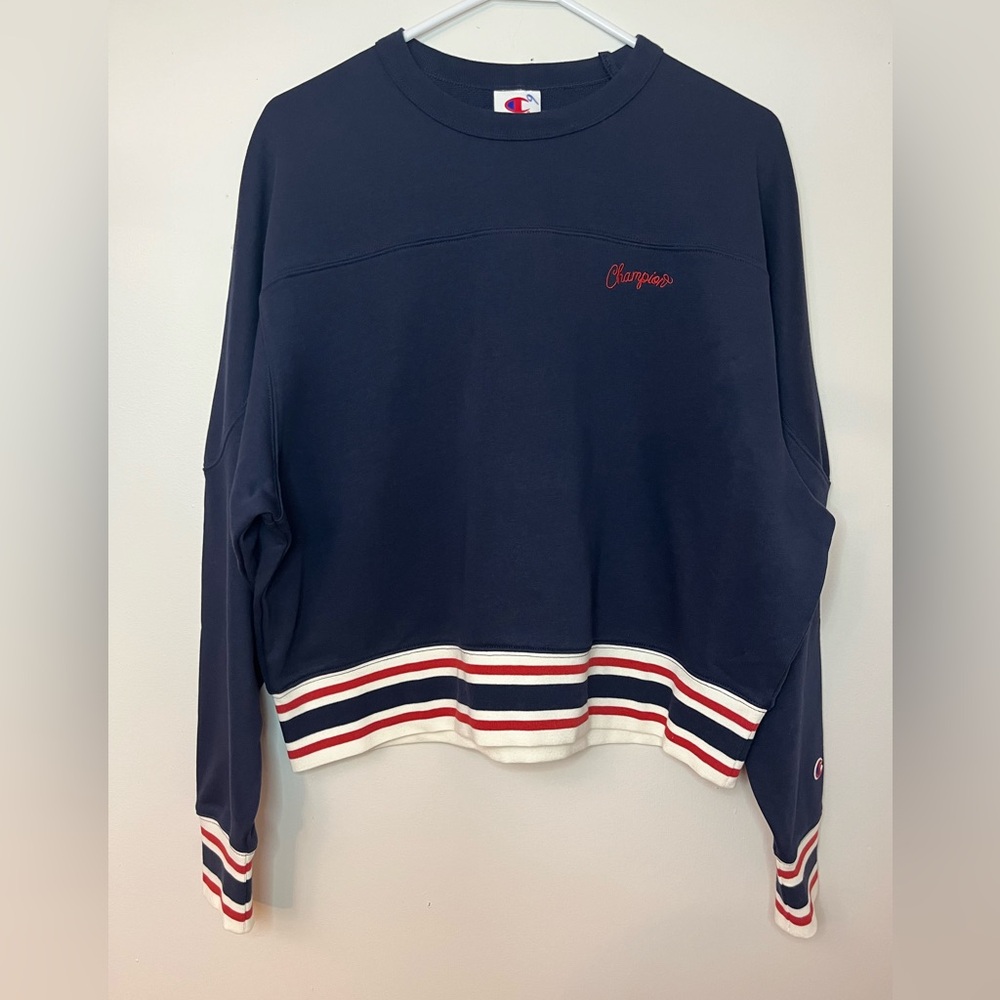 NWT Champion Cropped Crewneck Sweatshirt XL Navy Red White Stripe Hem